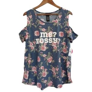 JUSTIFY Juniors 1X Plus Floral Split Cold Shoulder Top Blue Pink Bossy Graphic